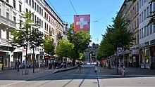 Bahnhofstrasse in Zurich, Switzerland, main downtown street in t Bath Towel