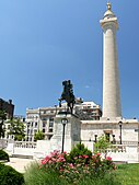 The first Washington Monument, in Baltimore, Maryland, with Lafayette Monument in the foreground