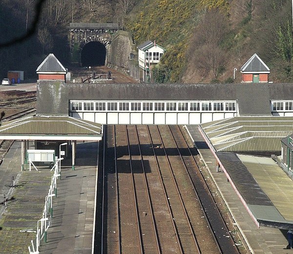 Bangor railway station, viewed from Bangor Mountain in 2005