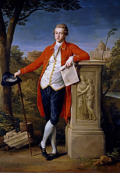 Francis Basset in 1778 on the Grand Tour in Rome, with the Castel Sant'Angelo and St. Peter's Basilica in the background. Portrait by Pompeo Batoni, Prado, Madrid Batoni - Francis Basset, 1st Baron de Dunstanville.jpg