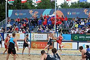 Deutsch: Beachhandball Europameisterschaften 2019 (Beach handball Euro); Tag 6: 7. Juli 2019 – Spiel um Platz Drei, Männer, Ungarn-Russland 2:0 (26:20, 23:22) English: Beach handball Euro; Day 6: 7 July 2019 – Men's Bronze Medal Match – Hungary-Russia 2:0 (26:20, 23:22)