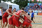 Deutsch: Beachhandball Europameisterschaften 2019 (Beach handball Euro); Tag 6: 7. Juli 2019 – Spiel um Platz Drei, Männer, Ungarn-Russland 2:0 (26:20, 23:22) English: Beach handball Euro; Day 6: 7 July 2019 – Men's Bronze Medal Match – Hungary-Russia 2:0 (26:20, 23:22)