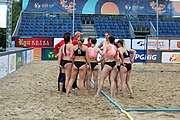 Deutsch: Beachhandball Europameisterschaften 2019 (Beach handball Euro); Tag 5: 6. Juli 2019 – Frauen, Platzierungsspiel für die Ränge 17–20, Nordmazedonien-Slowenien 0:2 (10:13, 9:15) English: Beach handball Euro; Day 5: 6 July 2019 – Placement Match/Cross Match for rank 17–20 Women – North Macedonia-Slovenia 0:2 (10:13, 9:15)