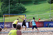 Deutsch: Beachhandball Europameisterschaften 2019 (Beach handball Euro); Tag 1: 2. Juli 2019 – Männer, Vorrunde Gruppe A, Deutschland-Norwegen 2:0 (22:14, 22:20) English: Beach handball Euro; Day 1: 2 July 2019 – Men Preliminary Round Group A – Germany-Norway 2:0 (22:14, 22:20)