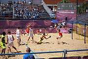 Deutsch: Beachhandball bei den Olympischen Jugendspielen 2018; Tag 4, 10. Oktober 2018; Jungs, Vorrunde, Gruppe A - Spanien-Venezuela 2:0 English: Beach handball at the 2018 Summer Youth Olympics at 10 October 2018 – Boys Preliminary Round Group A – Spain-Venezuela 2:0