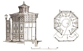 Elevation, section and plan drawings of an octagonal pissoirs in Berlin, 1896