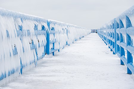 Blue fence covered with snow and ice in Holland, Michigan