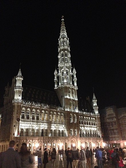 The city hall at the Grand Place, a , at night.