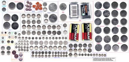 Several sizes of button and coin cell with 2 9v batteries as a size comparison. They are all recycled in many countries since they often contain lead, mercury and cadmium.