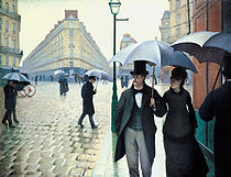 Caillebottes Rue de Paris, temps de pluie (1877), gesitueerd in het 'nieuwe' Parijs. Geëxposeerd op de derde tentoonstelling.