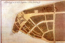 The original city map of New Amsterdam, called the Castello Plan, from 1660 (the bottom left corner is approximately south, while the top right corner is approximately north) The fort eventually gave the name to The Battery, the large street leading from the fort later became known as Broadway, and the city wall (right) possibly gave the name to Wall Street.