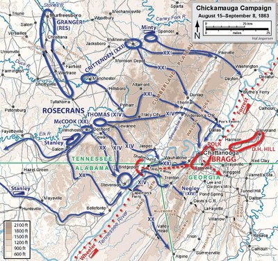 Initial movements in the Chickamauga campaign, August 15 - September 8, 1863
.mw-parser-output .legend{page-break-inside:avoid;break-inside:avoid-column}.mw-parser-output .legend-color{display:inline-block;min-width:1.25em;height:1.25em;line-height:1.25;margin:1px 0;text-align:center;border:1px solid black;background-color:transparent;color:black}.mw-parser-output .legend-text{}
Confederate
Union Chickamauga Campaign August-September 1863.pdf