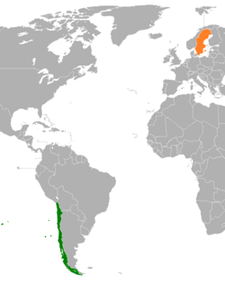 Карта, показваща местоположенията на Чили и Швеция
