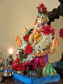A Ganesh idol in a home during the festival GSB Sarvajanik Ganeshotsav Samiti Shree Ram Mandir, Wadala Mumbai