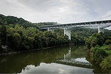 Clay's Ferry Bridge spanning the Kentucky River, taken from the deck of the Old Clay's Ferry Bridge, September, 2022. ClaysFerryBridge-Sep2022.jpg