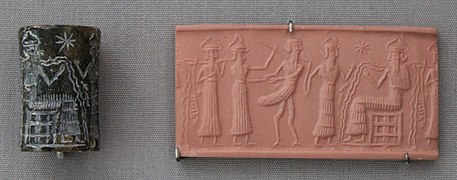 Sceau-cylindre en serpentine. Des divinités conduisent auprès d'Enki/Ea l'oiseau Anzu, qui, selon la mythologie mésopotamienne, avait dérobé les tablettes du destin. British Museum.