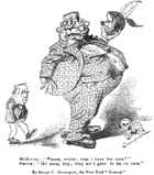 A political cartoon. A huge, grotesque, boyish figure stands with a half-eaten apple in his hand, looking back over his shoulder at a tiny man behind him