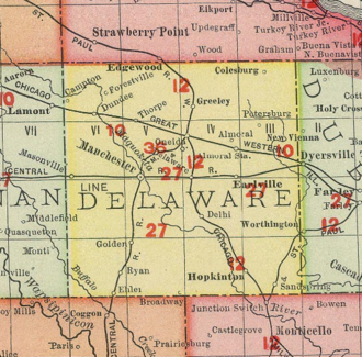 Forestville in northwestern Delaware County, Iowa, in 1903 Delaware County Iowa 1903.png