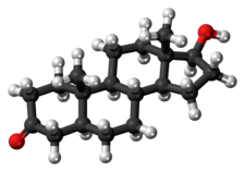 A ball-and-stick model of dihydrotestosterone.