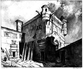 Le donjon, état au début du XIXe siècle, dessin d'Adrien Dauzats lithographié par Godefroy Engelmann (1833).