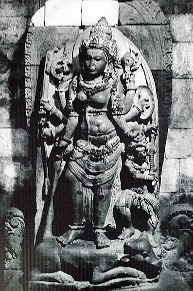 A 9th-century Durga Shakti idol, victorious over demon Mahishasura, at the Shiva temple, Prambanan, Indonesia.