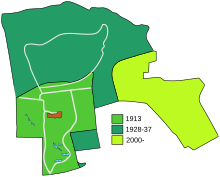 Plan showing the main areas of land owned by the zoo and the dates they were incorporated into the park Edinburgh zoo plan of land with dates of development.svg