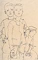Americký plán kreslení dvou chlapců obrácených jeden za druhým, třetí v podřepu