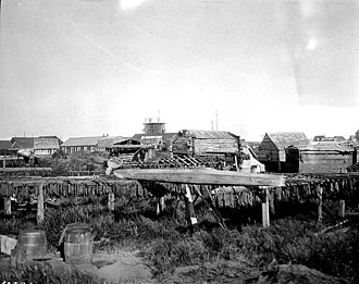 Indigenous village in Koggiung showing bidarkas (animal skin covered kayaks) stored atop racks for drying fish, 1917 Eskimo village of Koggiung, Alaska, 1917 (COBB 148).jpeg