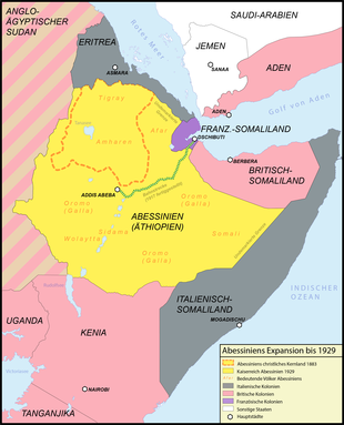 Abessiniens christliches Kernland im Norden und Grenzen des Kaiserreiches nach der Expansion (1929)