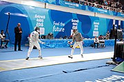 Deutsch: Fechten bei den Olympischen Jugend-Sommerspielen 2018: Tag 1, 7. Oktober 2018, Jungen, Säbel, Runde der letzten 16 - Ali Al-Bahrani (KSA) Vs Antonio Heathcock (GER) 9:15 English: Fencing at the 2018 Summer Youth Olympics at 7 October 2018 – Boys' sabre Round of 16 – Ali Al-Bahrani (KSA) Vs Antonio Heathcock (GER) 9:15