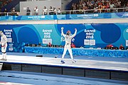 Deutsch: Fechten bei den Olympischen Jugend-Sommerspielen 2018: Tag 1, 7. Oktober 2018, Jungen, Säbel, Finale - Krisztián Rabb (HUN) - Hyun Jun (KOR) (USA) 15:13 English: Fencing at the 2018 Summer Youth Olympics at 7 October 2018 – Boys' sabre Gold medal match – Krisztián Rabb (HUN) Vs Hyun Jun (KOR) (USA) 15:13