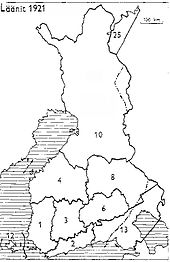 Provinces of Finland 1921: 1: Turku and Pori, 2: Uusimaa, 3: Hame, 4: Vaasa, 6: Mikkeli, 8: Kuopio, 10: Oulu, 12: Aland, 13: Viipuri, 25: Petsamo Finnish counties 1921.jpg