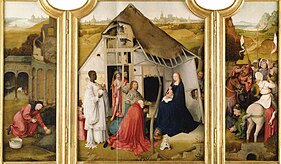 Adoration of the Magi. circa 1495-1520. oil on panelmedium QS:P186,Q296955;P186,Q106857709,P518,Q861259. 91.4 × 72.4 cm (35.9 × 28.5 in) (central panel), 88.3 × 28.9 cm (34.7 × 11.3 in) (wings). Banbury, Upton House.