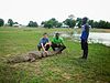 Visitors touching a crocodile