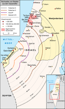 Reichweiten von Raketen aus dem Gazastreifen