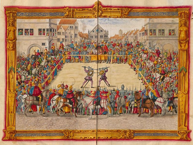 Gerichtskampf / judicial combat. Darstellung des Zweikampfes zwischen Wilhelm Marschalk von Dornsberg und Theodor Haschenacker in Augsburg, Weinmarkt (1409). Marschalks Schwert zerbrach zu Beginn des Kampfes, aber er vermochte Haschenacker mit dessen eigenem Schwert zu töten. Die Schilde der beiden Kämpfer wurden in der Leonardskirche ausserhalb Augsburgs aufbewahrt bis zu deren Abriss 1542.