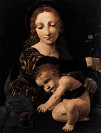 喬凡尼·安東尼奧·博爾特拉菲奧（英語：Giovanni Antonio Boltraffio）的《聖母與聖子》（Madonna col bambino），45.5 × 35.6cm，約作於1485－1490年，來自吉安·賈科莫·波爾迪·佩佐利的藏品[14]