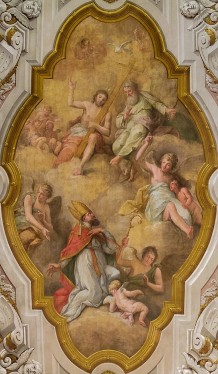 The Glory of Saint Nicholas, by António Manuel da Fonseca. Nicholas of Myra, a participant in the First Council of Nicaea, achieves the beatific vision in the shape of the Holy Trinity.