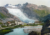 Carte postale de 1900. Le glacier descend bas dans la vallée