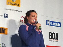 Yelena Isinbayeva after her world record 2012 Globen XL-galan2012 Jelena Isinbajeva02.jpg