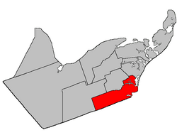 Location within Gloucester County, New Brunswick map erroneously puts barrier islands opposite Tracadie in Inkerman Parish