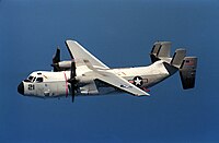 Grumman C-2A Greyhound of VR-24 in flight over the Mediterranean Sea on 1 July 1988 (6440873).jpg