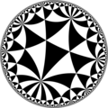 Tiling of the hyperbolic plane by triangles: π/3, π/3, π/8. Generated by Python code at User:Tamfang/programs.