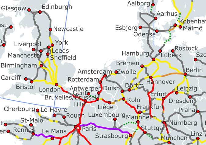 HSR network around The Netherlands. The grey line between Amsterdam and the German border represents the cancelled HSL-Oost HSL network around the Netherlands (June 2020).png
