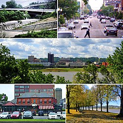 En el sentido de las agujas del reloj: Paul Ambrose Trail for Health (PATH), Fourth Avenue, el horizonte del centro visto desde el otro lado del río Ohio, Harris Riverfront Park y Huntington Welcome Center en Heritage Station.