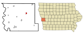 Harrison County Iowa Incorporated and Unincorporated areas Woodbine Highlighted.svg