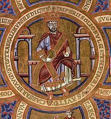 Detail with the enthroned Emperor Henry II (or Henry III?) in the Gospels of Montecassino (Rome, Biblioteca Apostolica Vaticana, Codex Ottob. lat. 74, fol. 193v) Heinrich II.-Ottob.lat.74.jpg