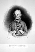 Engraved reproduction of a formal portrait of von Bellegarde. He is an elderly man with wispy grey hair and long eyebrows, bony features and an imperious expression. He wears military uniform and numerous decorations. His gloved hands are folded over the hilt of a sword.