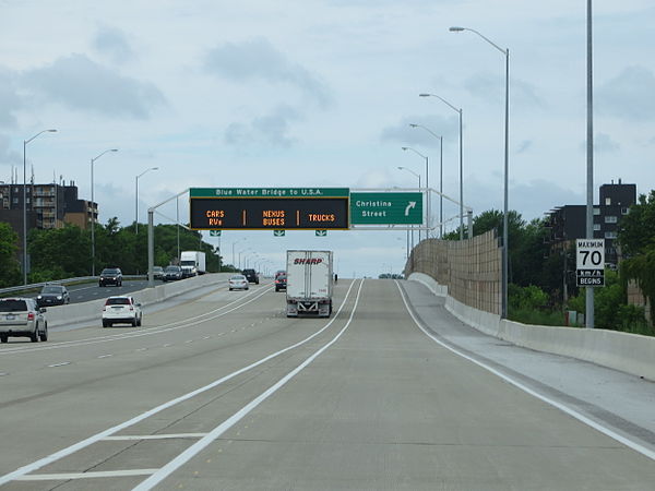 Highway 402 westbound in Sarnia; lanes are separated to split local traffic from international/NEXUS traffic bound for the Blue Water Bridge. This all