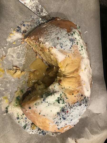 File:Home made frangipane king cake, New Orleans, January 2024 - Sliced.jpg